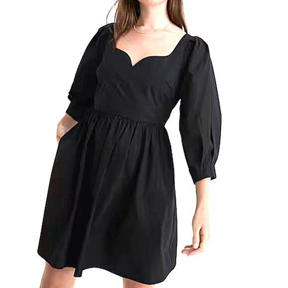 Madewell Black Cotton Sweetheart‎ Puff Sleeve Fit and Flare Mini Dress Size 6 - Picture 1 of 12